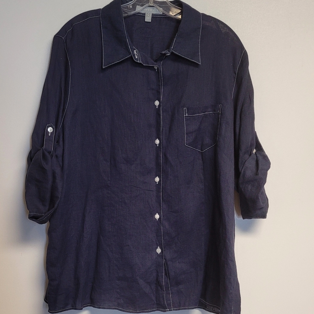 Foxcroft 100% Linen Button Down Shirt Navy Blue Size 18W Shaped Fit - Picture 6 of 6